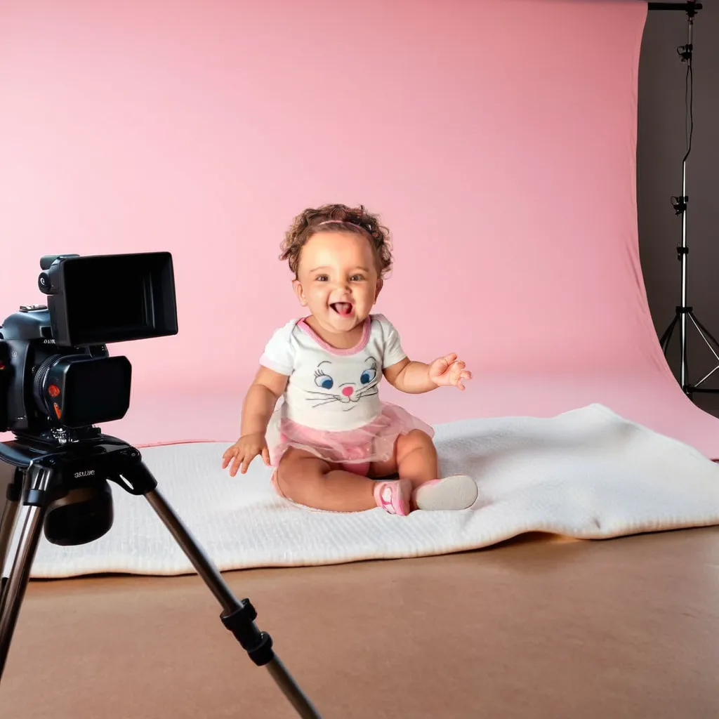 a baby girl on cotton blanket with camera equipment, in front of studio lights