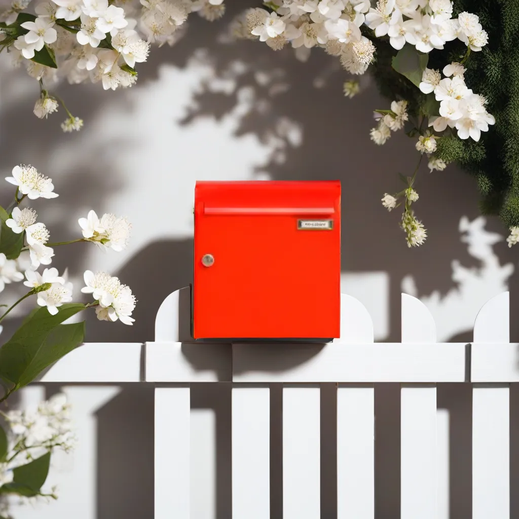 a red mailbox on white gate, in front of small house next to white blossoms