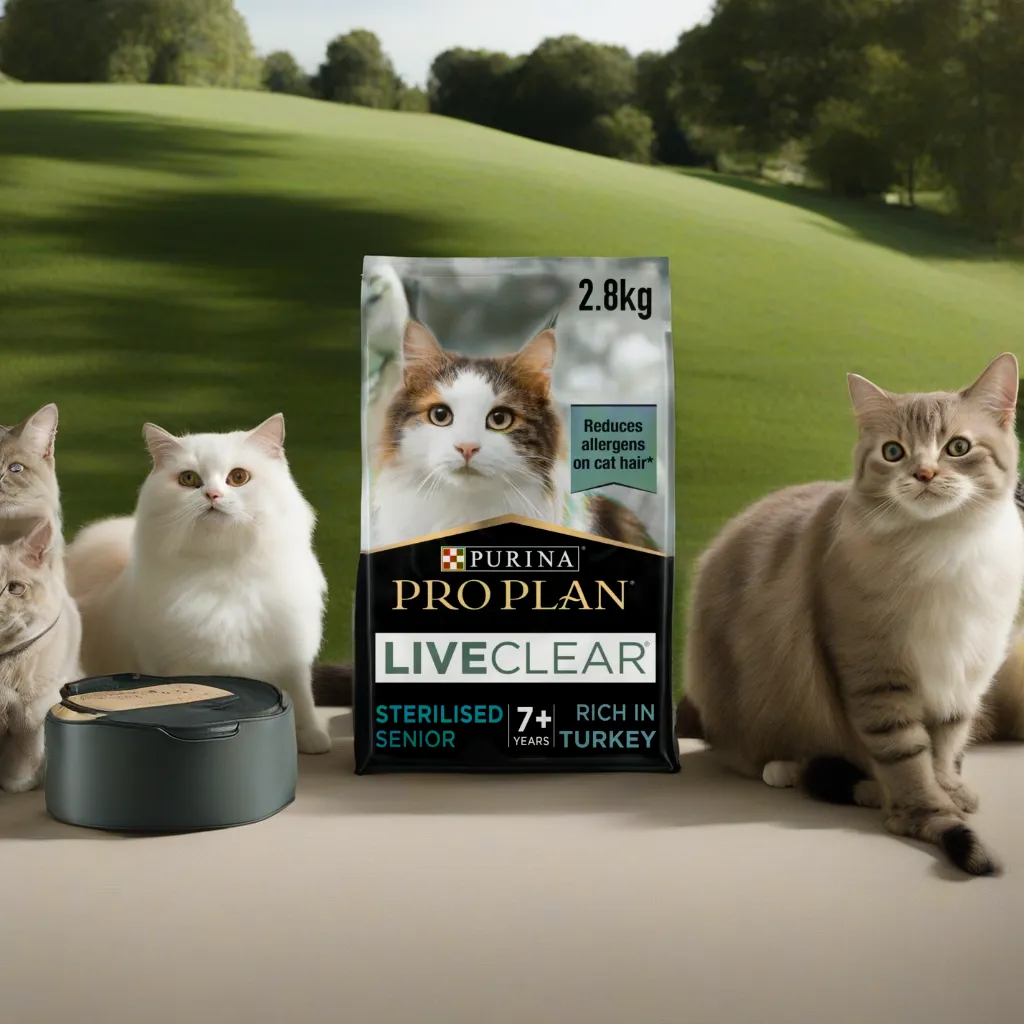 A bag of Purina cat food sorrounded by cats