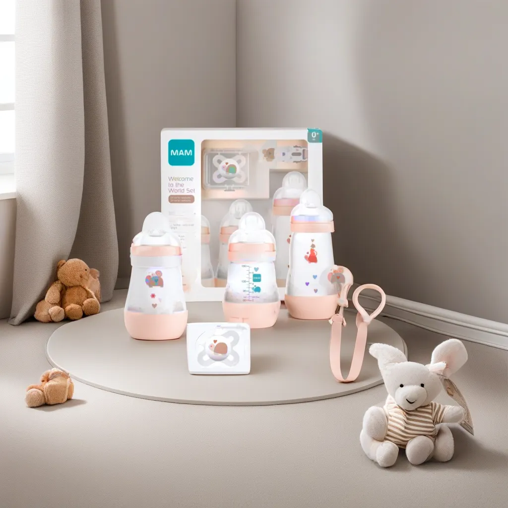 A gift set on white surface surrounded by newborn children, in front of baby playroom