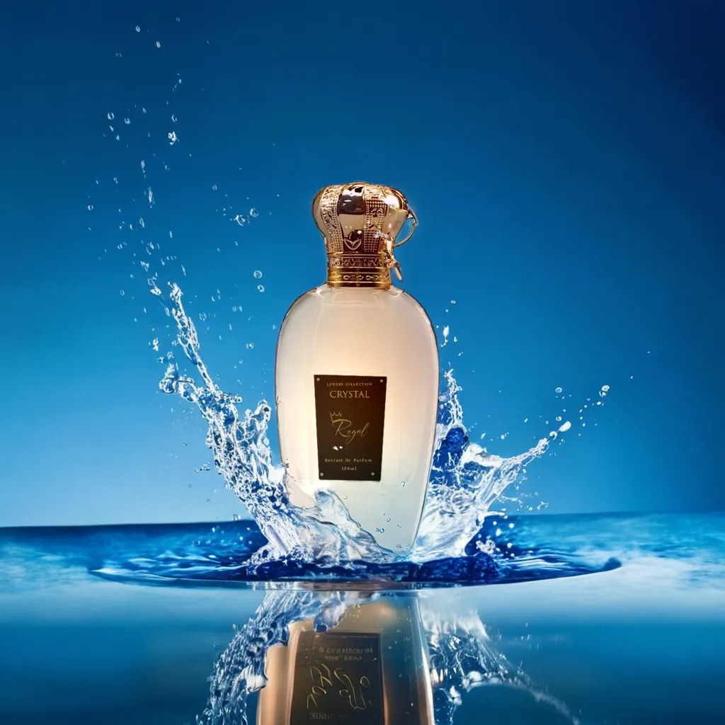 perfume bottle, in front of blue emerging from splashing water