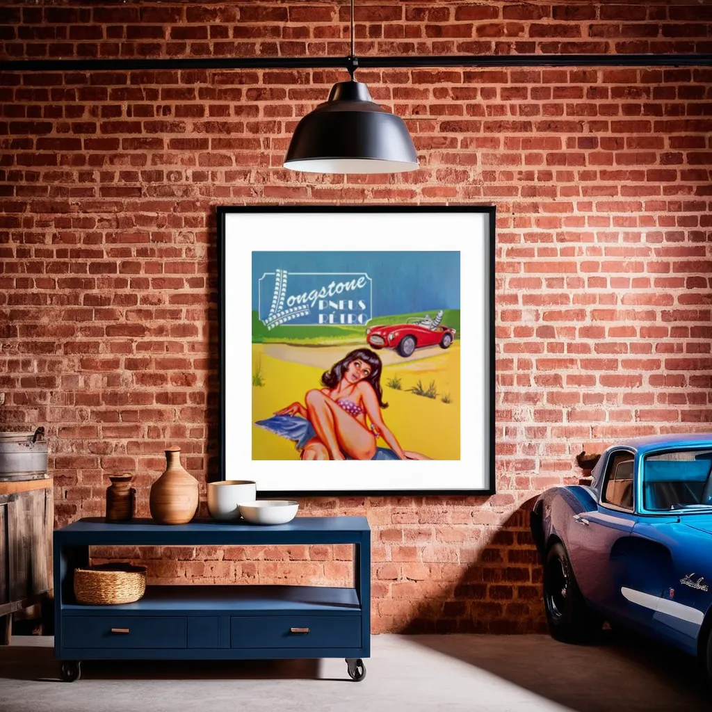 poster on the wall of vintage car garage