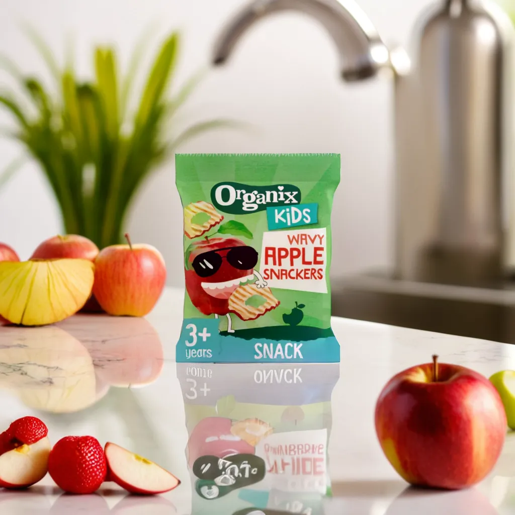 a bag of organic kids snackers on a marble kitchen counter surrounded by fruit and apples