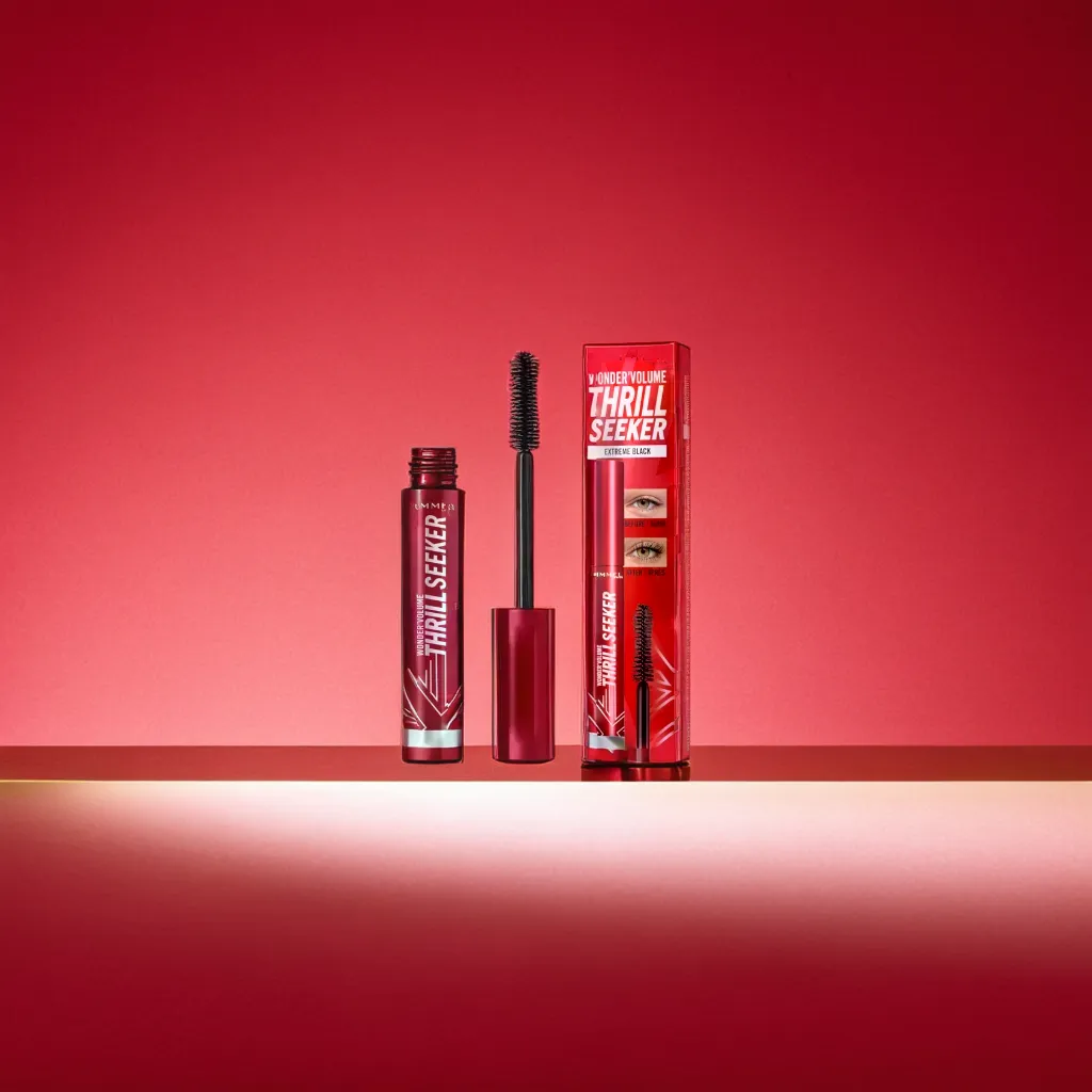 a bottle of mascara, in front of a lightwhite background on a red clean ground