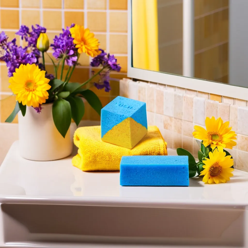 a blue and yellow block on a bathroom towl next to a mirror and flowers in front of a tiled wall