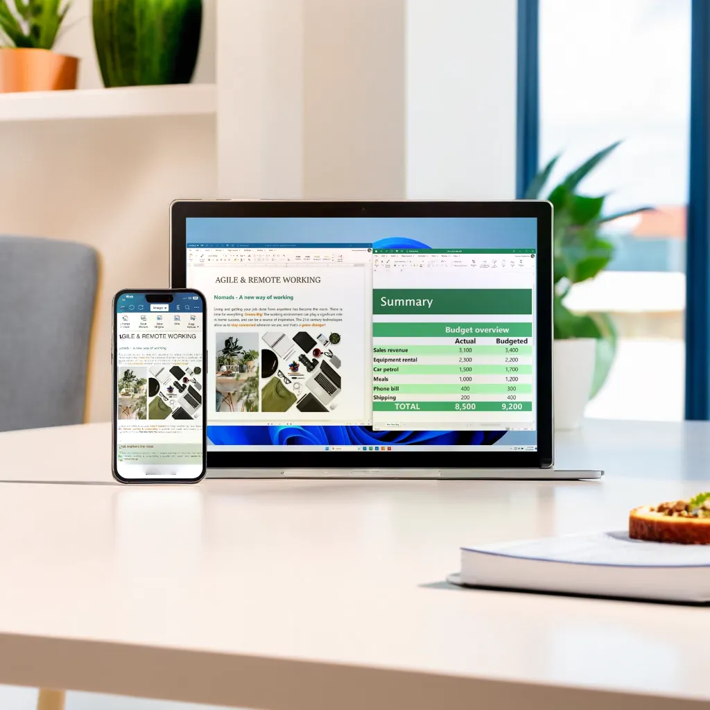 a phone and a laptop are open to a page about agile and remote working, in front of a office on a clean white table