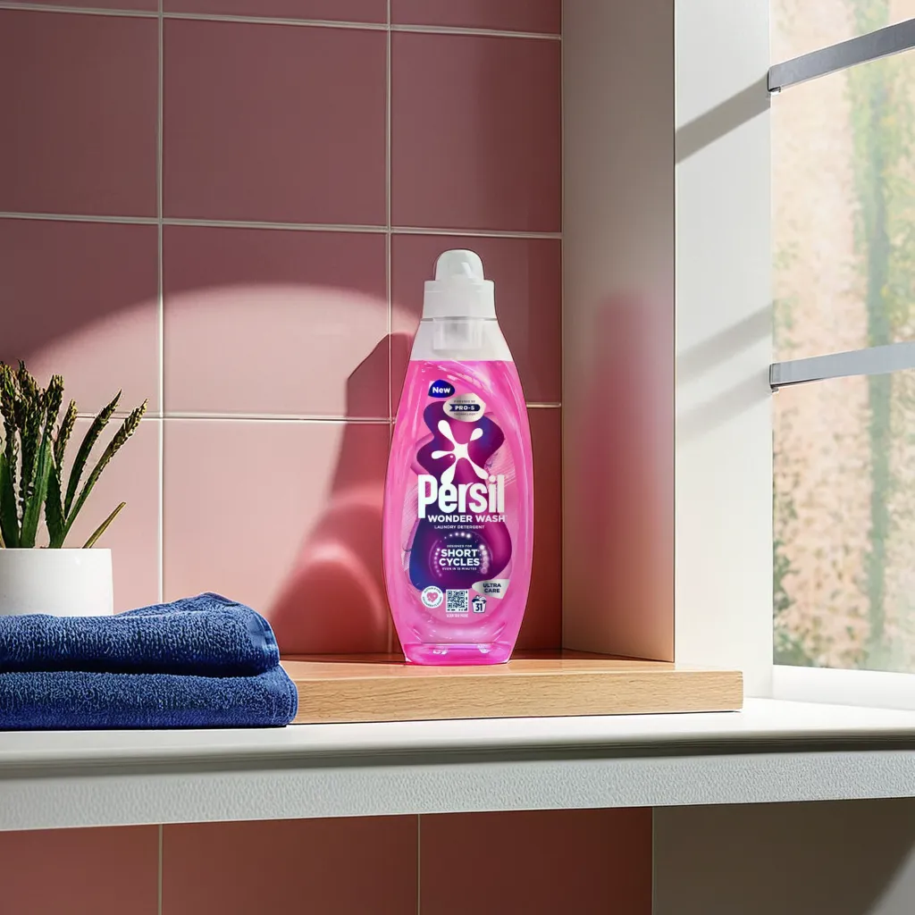 a pink bottle of laundry detergent on a rosey neutral bathroom shelf / countertop in front of a tiled wall