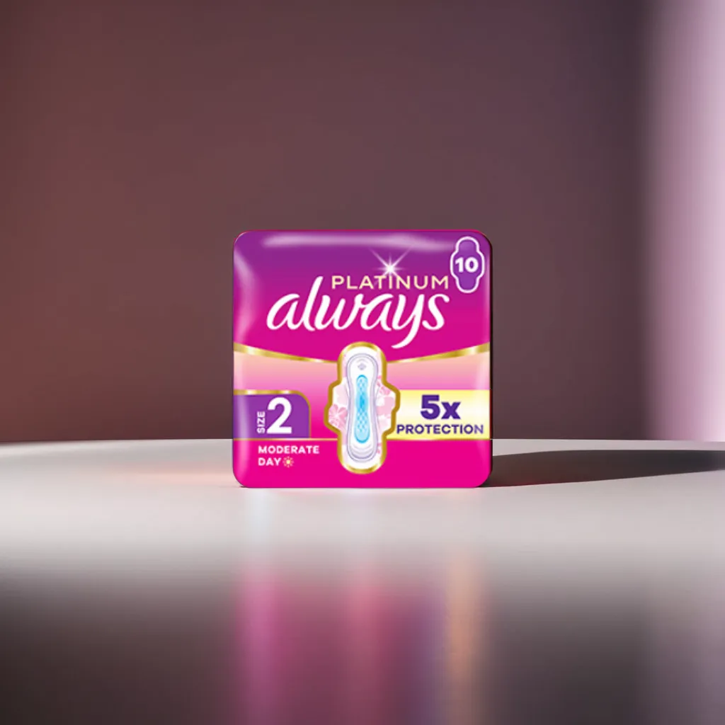 pack of sanitary pads, in front of soft shadows on a cube reflective platform