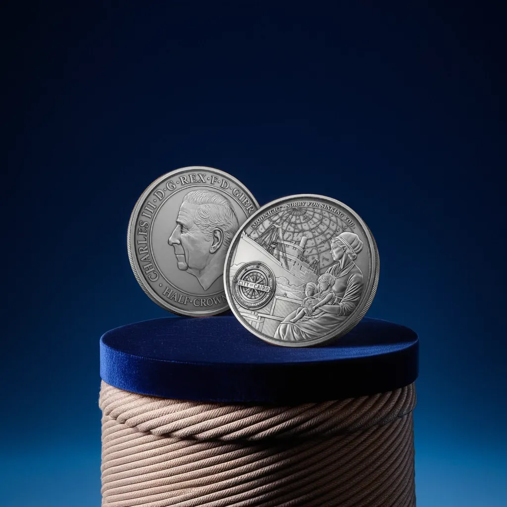 a silver commemorative coin standing upright on a small navy velvet plinth, surrounded by subtle nautical elements like a coiled rope and a compass, on a dark matte surface with a soft ocean blue gradient background, premium studio lighting, shallow depth of field